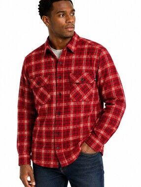Ducks Unlimited Canada Men's Red Plaid Flannel Shirt Button Front Cotton Size- L
